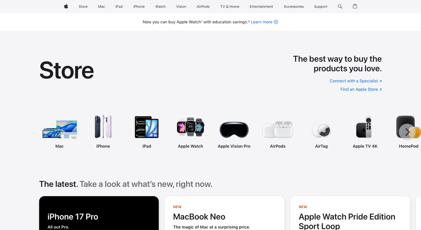 Apple Store public page showing ecommerce category and merchandising surface