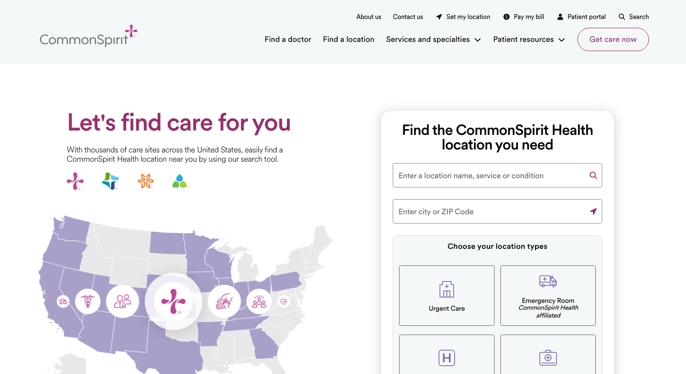 Current CommonSpirit location finder showing structured location discovery