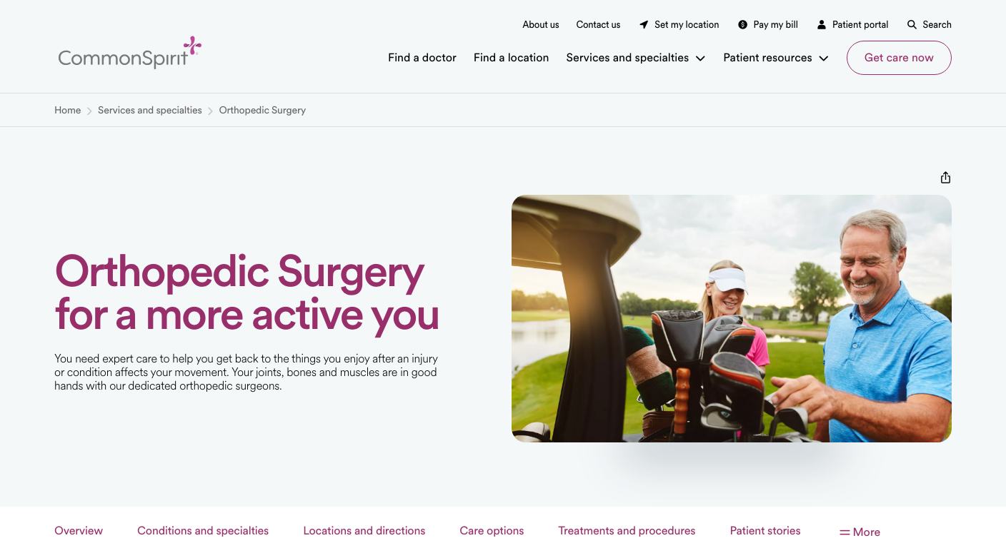 CommonSpirit orthopedic surgery service-line page showing patient acquisition content surface