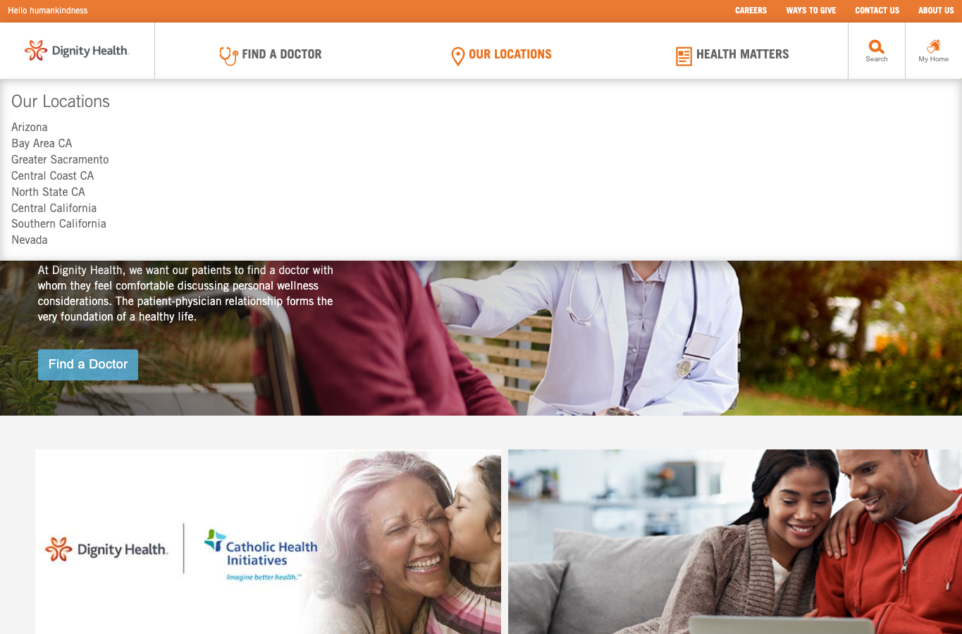 Archived Dignity Health homepage showing regional location navigation in 2018