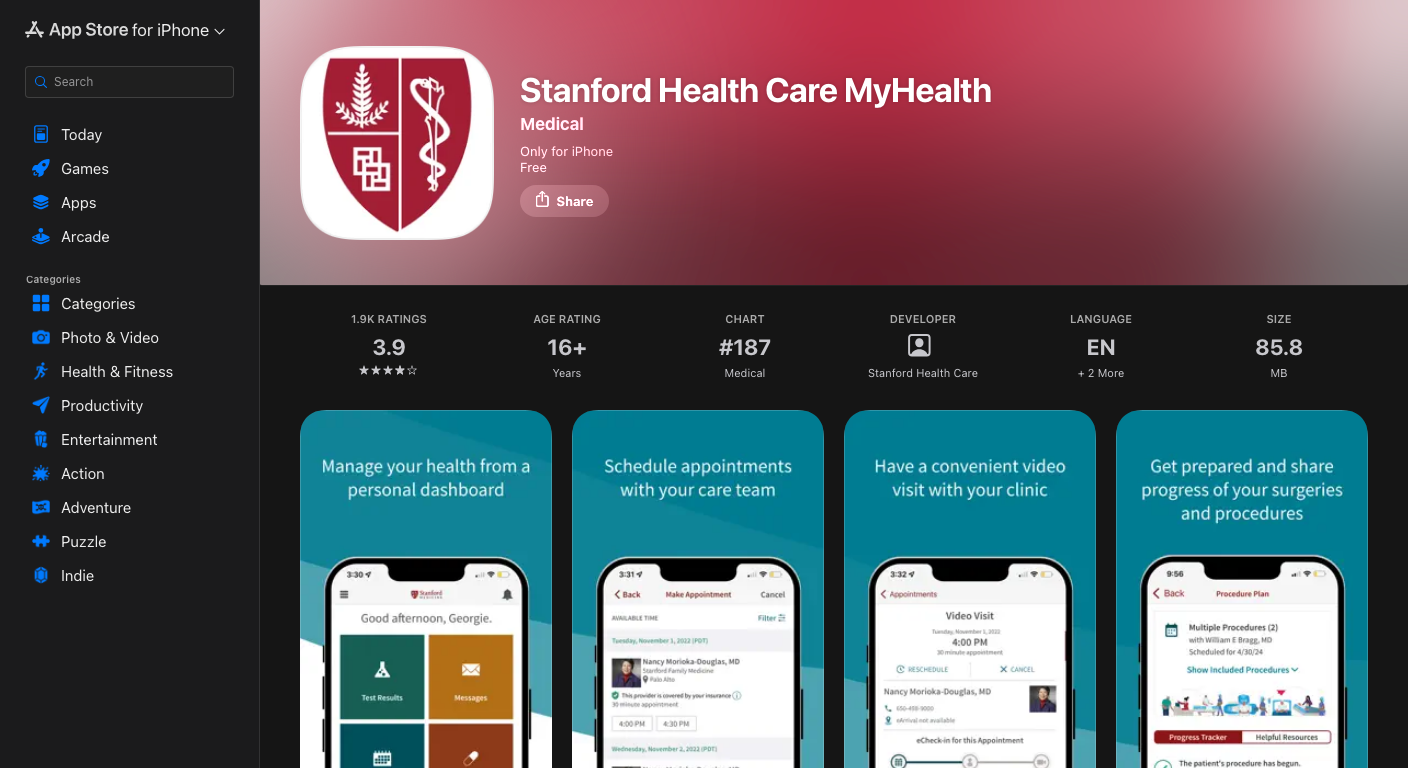 Stanford Health Care MyHealth App Store page showing mobile app screenshots