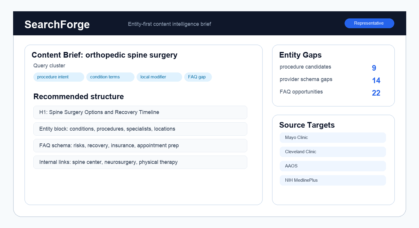 Representative SearchForge AI content intelligence dashboard mockup