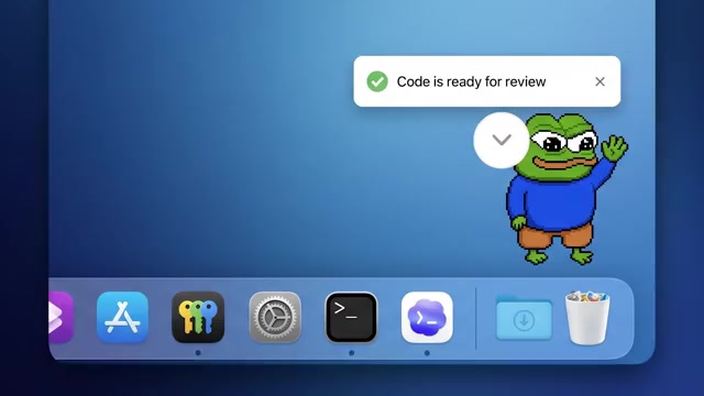 The pet doubles as an agent-status indicator ("Code is ready for review")